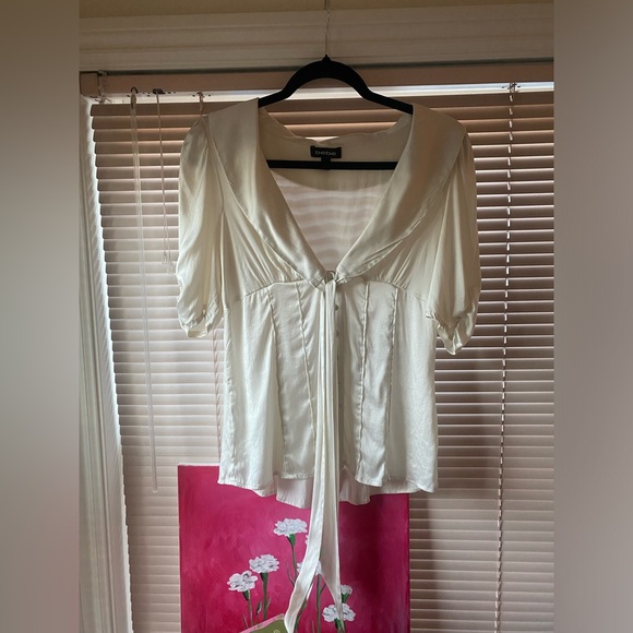 Vtg Bebe off white cream silk button up shirt / top / blouse with tie fits M-L - Picture 2 of 12